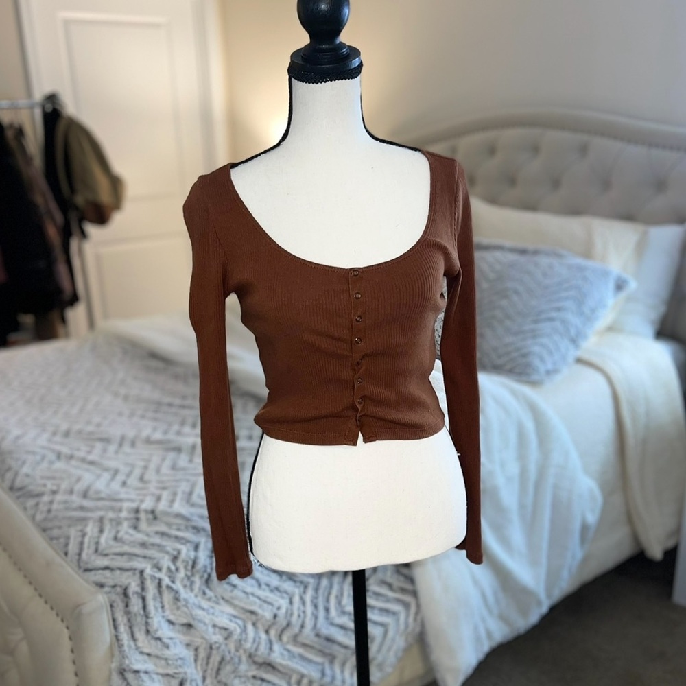 Brown Button Up Ribbed Crop Top